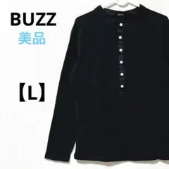 BUZZ【L】長袖カットソー　ロンTシャツ　ハーフボタン　黒　綿混　メンズ