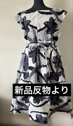 浴衣リメイク新品反物、花柄紺フレンチスリーブワンピース木綿本染Ｍ〜３Ｌ値下げ無し