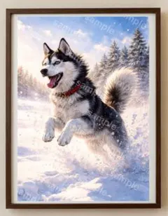 【水彩画アート】雪原を駆ける蒼眼の疾風 2L版写真用紙