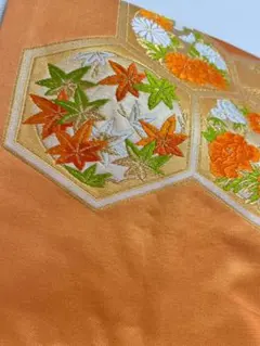 【ゲリラセール】名古屋帯 オレンジ 金糸 刺繍 亀甲 紅葉 牡丹 リメイクのサムネイル