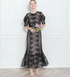 Leja 異素材レースパフスリーブ切り替えウエストリボンドレス オケージョン