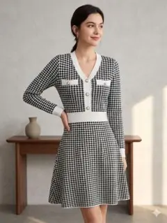 千鳥格子柄 長袖ワンピース