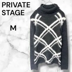 タートルニット【M】アンゴラ✨ウール✨薄手 ニュアンスライン柄 天然素材 上品