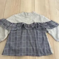 フリル付き長袖カットソー グレー チェック柄