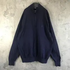 Y851古着　ニットセーター　ハーフジップ　ワンポイント　紺　90s Y2K