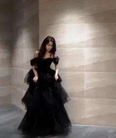 ベロア ドレス 黒 文化祭 パーティー スパンコール チュール 韓国 リボン
