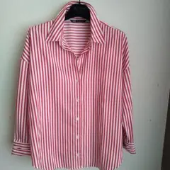 ZARA 赤と白のストライプ スキッパーシャツ L