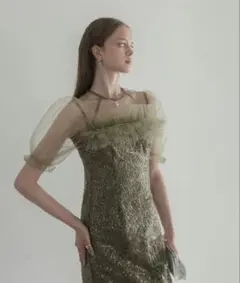 Leja オリーブグリーン フリル付きロングドレス　Mサイズ