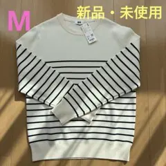 ユニクロ　ウォッシャブルミラノリブクルーネックセーター　ホワイトボーダー　Mのサムネイル