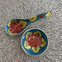 ベトナム　バッチャン焼き 小皿　豆皿　レンゲ 蓮 ロータス 花柄 青 ブルー②