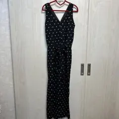 水玉模様 Vネック ロングオールインワン