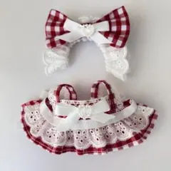 10cm〜12cm ぬい服 メイド服 エプロンドレス 赤 ギンガムチェック