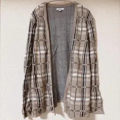 クロフトバロー カーディガン ノーカラー 長袖 チェック L 茶 白 黒 古着