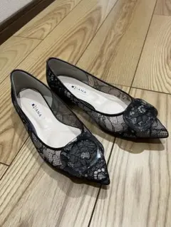 【美品】ダイアナ　 ブラックレースフラットシューズ　23.5㎝