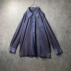 ヴィンテージ　古着　長袖シャツ　総柄　紺　オレンジ