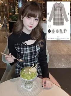 GRL チェック柄フロントオープンリボンニットミニワンピース ブラック