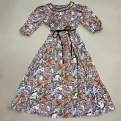 半袖フラワープリントロングワンピース オレンジ×ライトパープル Mサイズ