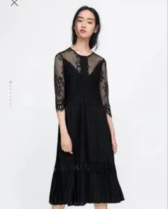 ZARA ザラ プリーツ レースワンピース ドレス シアー 花柄 透け感 S 黒