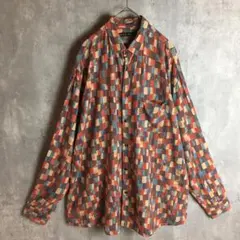 【長袖シャツ】総柄 柄シャツ マルチカラー テロシャツ L相当 メンズ 古着