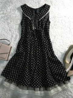 ロイスクレヨン 地模様入り ドット柄 リボン フレア デザイン ワンピース M