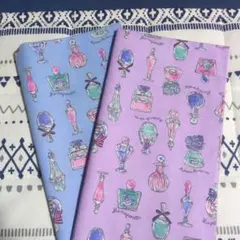 シーチング生地　フレグランスボトル柄 パープル・ブルー　約50×50