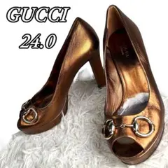 GUCCI グッチ パンプス オープントゥ ハイヒール ビットホース ゴールド