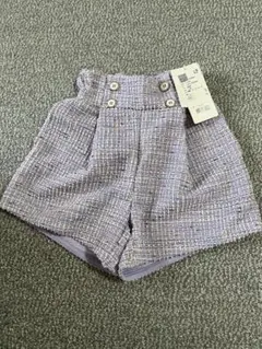 紫 ツイード ボタン付き ハーフパンツ