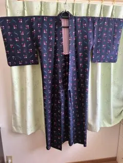 【羽織と付け下げセット】カラフル花柄 ネイビー着物　付け下げ　ビンテージ