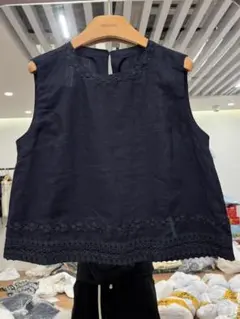 早い者勝ち ベスト ブラウス 刺繍 ファッション 2色 ラウンドネック 袖なし