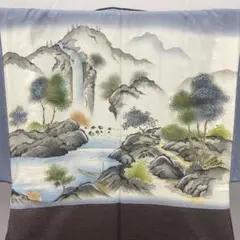 Y6970 男性着物　羽裏　リメイク用　羽織 紬　滝　岩　渓流