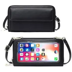 スマホショルダー 入れたまま操作 スマホ 財布 一体型 レディース (ブラック)