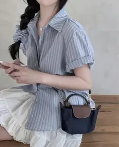 ボタン付き　ストライプシャツ　半袖　シュシュ付きのサムネイル