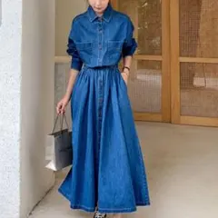 M デニム風 ワンピース 大人可愛い ゆったりシルエット お出かけコーデ 春服