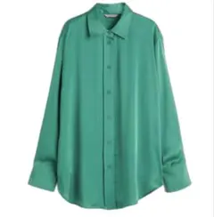 H&M サテンシャツ 美しいエメラルドグリーン オーバーサイズ 長袖シャツ