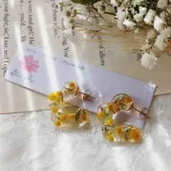 03 ミモザ イエロー 花 フラワー レジン フープ ピアス イヤリング