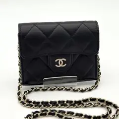 極美品 CHANEL ラムスキン ミニ チェーンウォレット マトラッセ ブラック