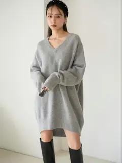 SNIDEL Vネック ニットワンピース グレー