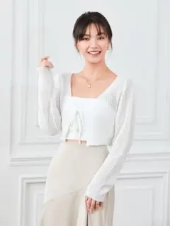 ホワイト クロップド カーディガン shein prive ニット　前結び