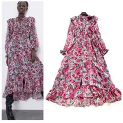 ZARA ザラ　花柄マキシ丈ワンピース　Sサイズ　長袖　フリル　シフォン　ピンク