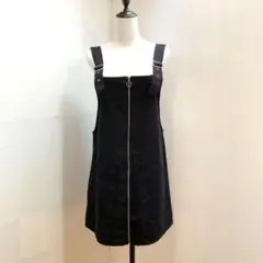 良品　MANGO L ブラック ストライプ サロペット 裏地なし 肩紐調整付き