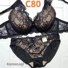 C80 L 新品未使用 ブラショーツセット 19702 黒 フラワーレース