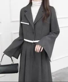 ツイードショート丈ヘリンボーン柄ジャケットハイウエストフレアスカートセットアップ