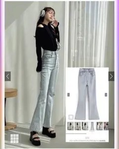 美品即決OKハイウエストフレアデニムパンツ　ライトブルー cu522