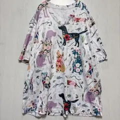 Tシャツ Vネック半袖 犬柄 XL 白 ポリエステル お出かけ ゆった