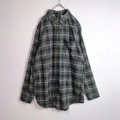 ネルシャツ (L) チェック柄 大きめサイズ アメカジ ボタンダウン 緑 古着