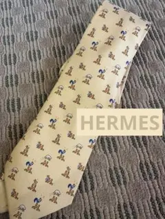 美品エルメス ネクタイ H柄 黄色 鶏 羊