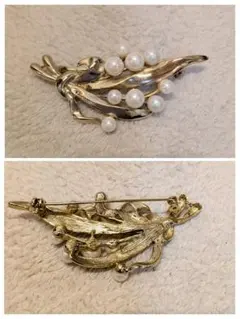 葉っぱデザイン パール付きブローチ