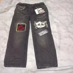新品スカルデザイン パッチ付きグレーパンツ100cm