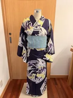 レディース 浴衣・帯セット 紺色 紫色 花柄