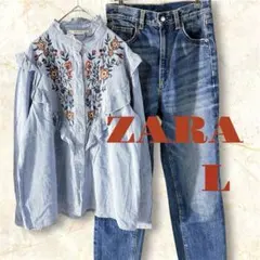 【ZARA 】花柄刺繍フリルヒッコリー風コットンシャツLサイズブラウス